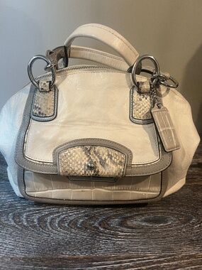 Coach Kristin Spectator Leather Off White Domed Satchel with Snake, 2 handles